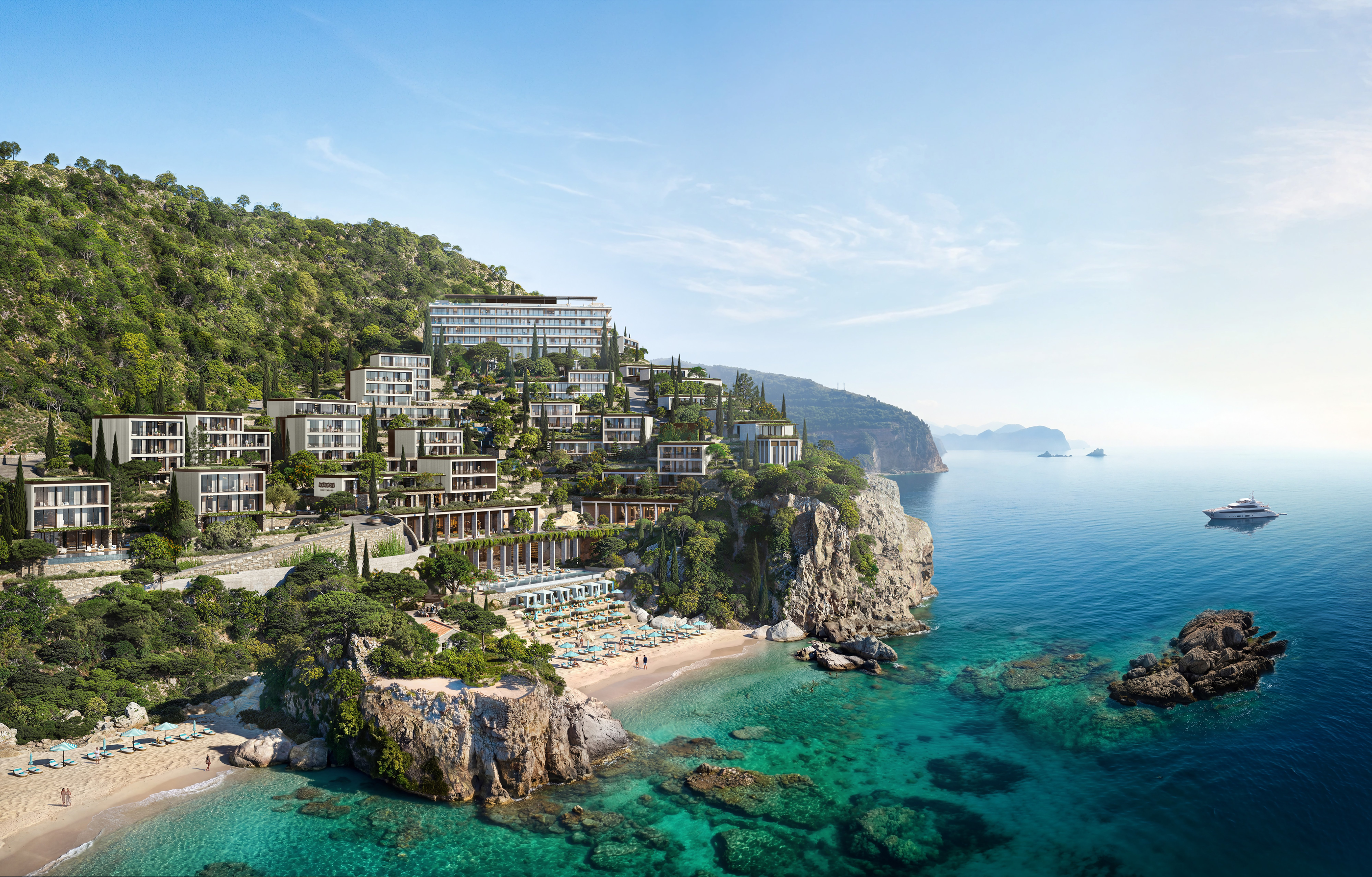 Nammos Montenegro — sunset over the private beach and pool terrace